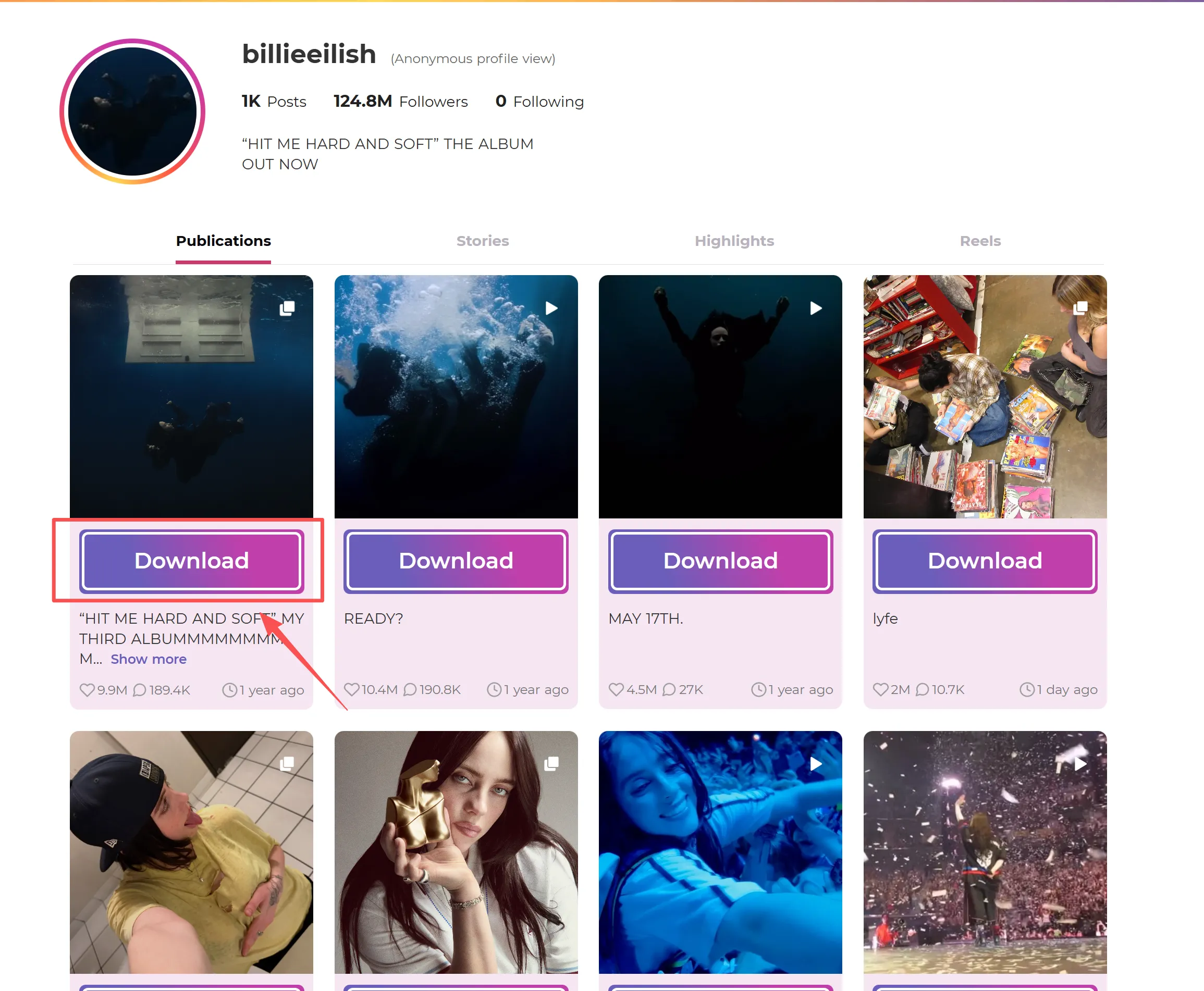 Tombol unduh pada Story atau video