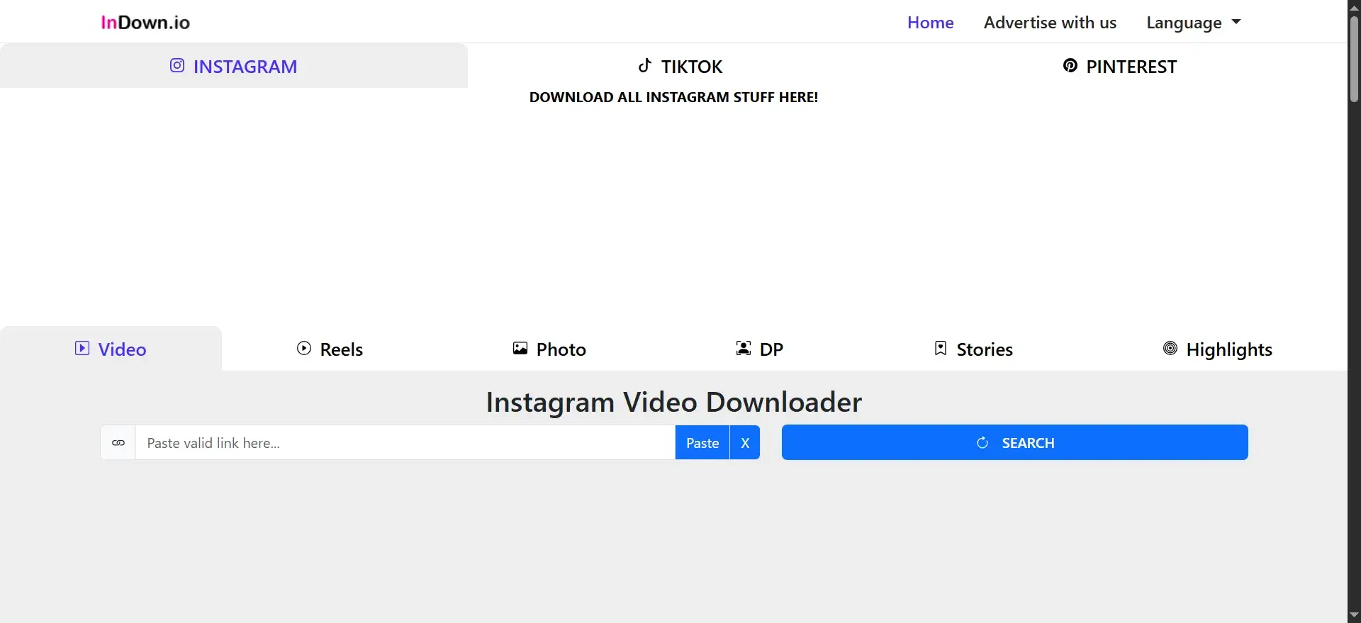 Interface du Visionneur Anonyme de Stories Instagram InDown