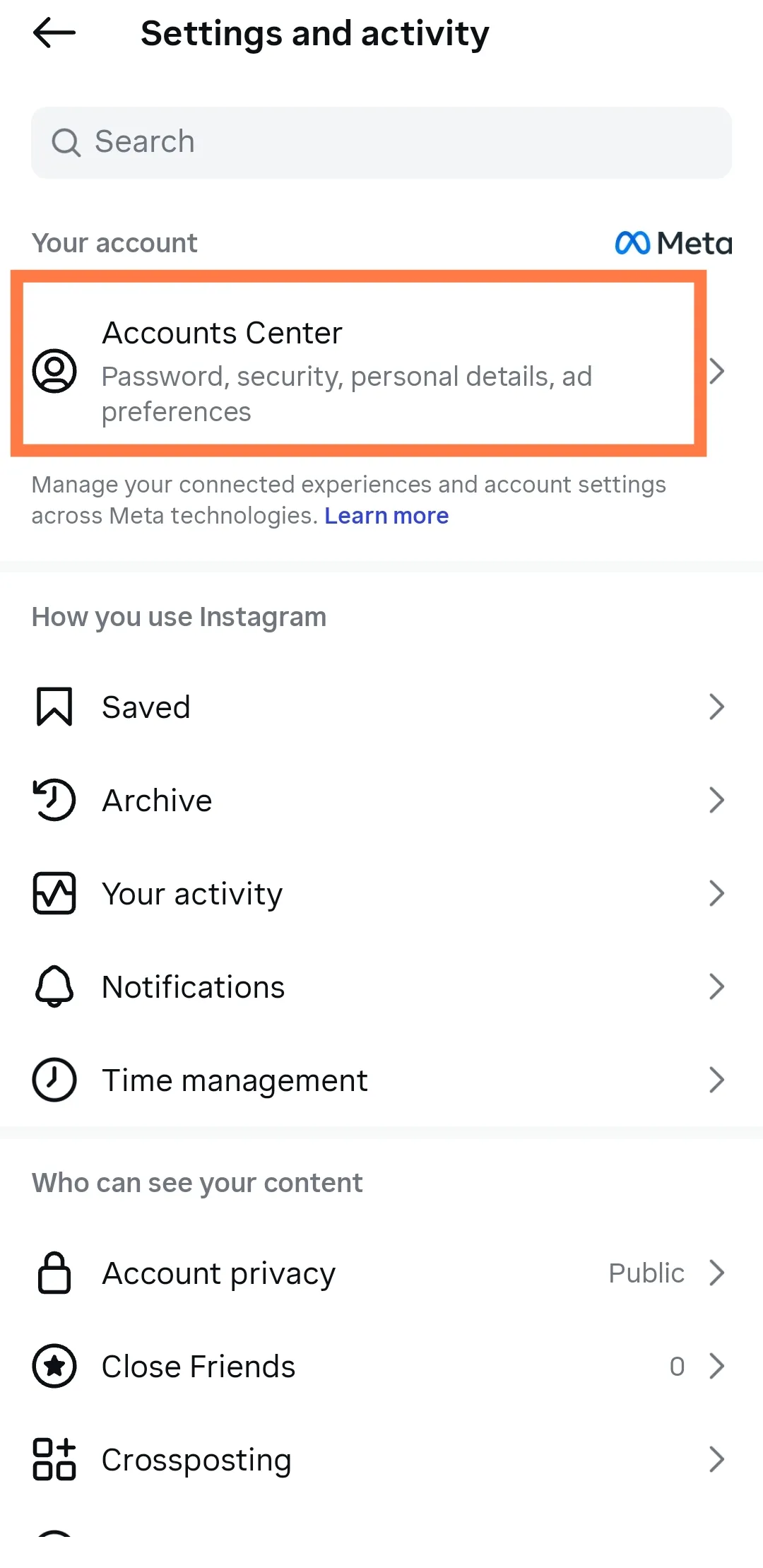 Pengaturan Instagram menampilkan Pusat Akun