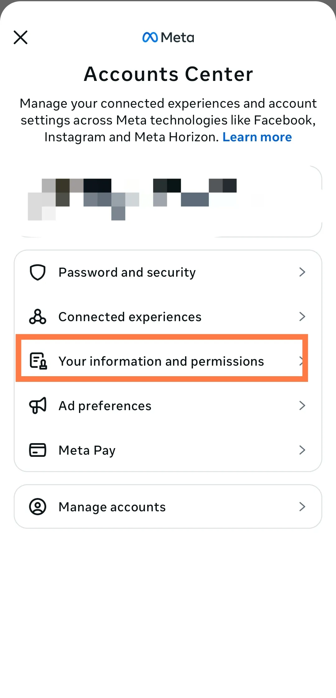 Menu Pusat Akun menampilkan Informasi dan izin Anda