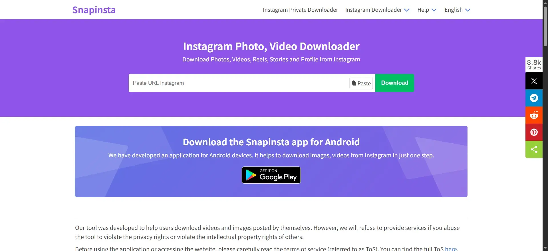 Interface du Visionneur Anonyme de Stories Instagram SnapInsta