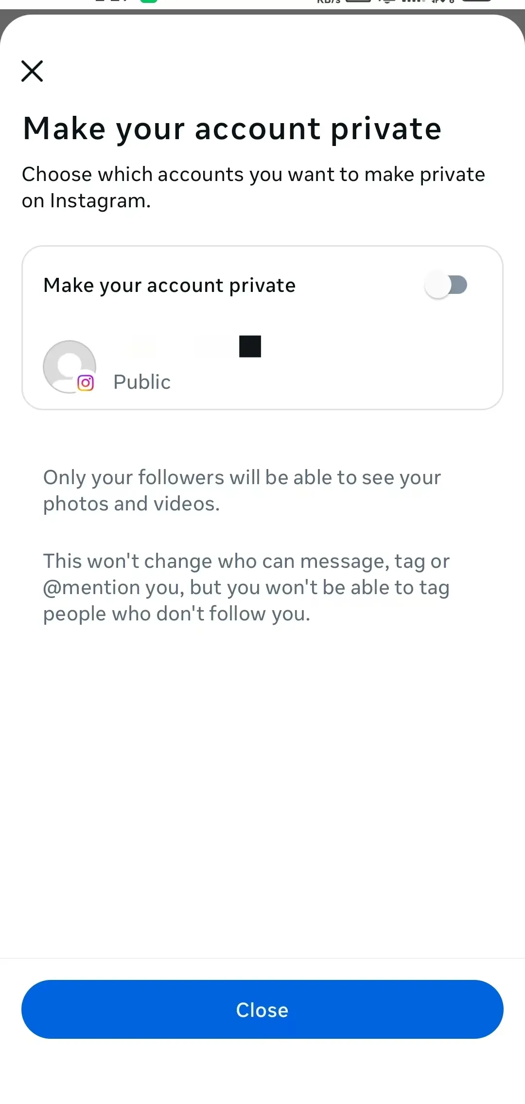 Menú de configuración de Instagram para hacer la cuenta privada