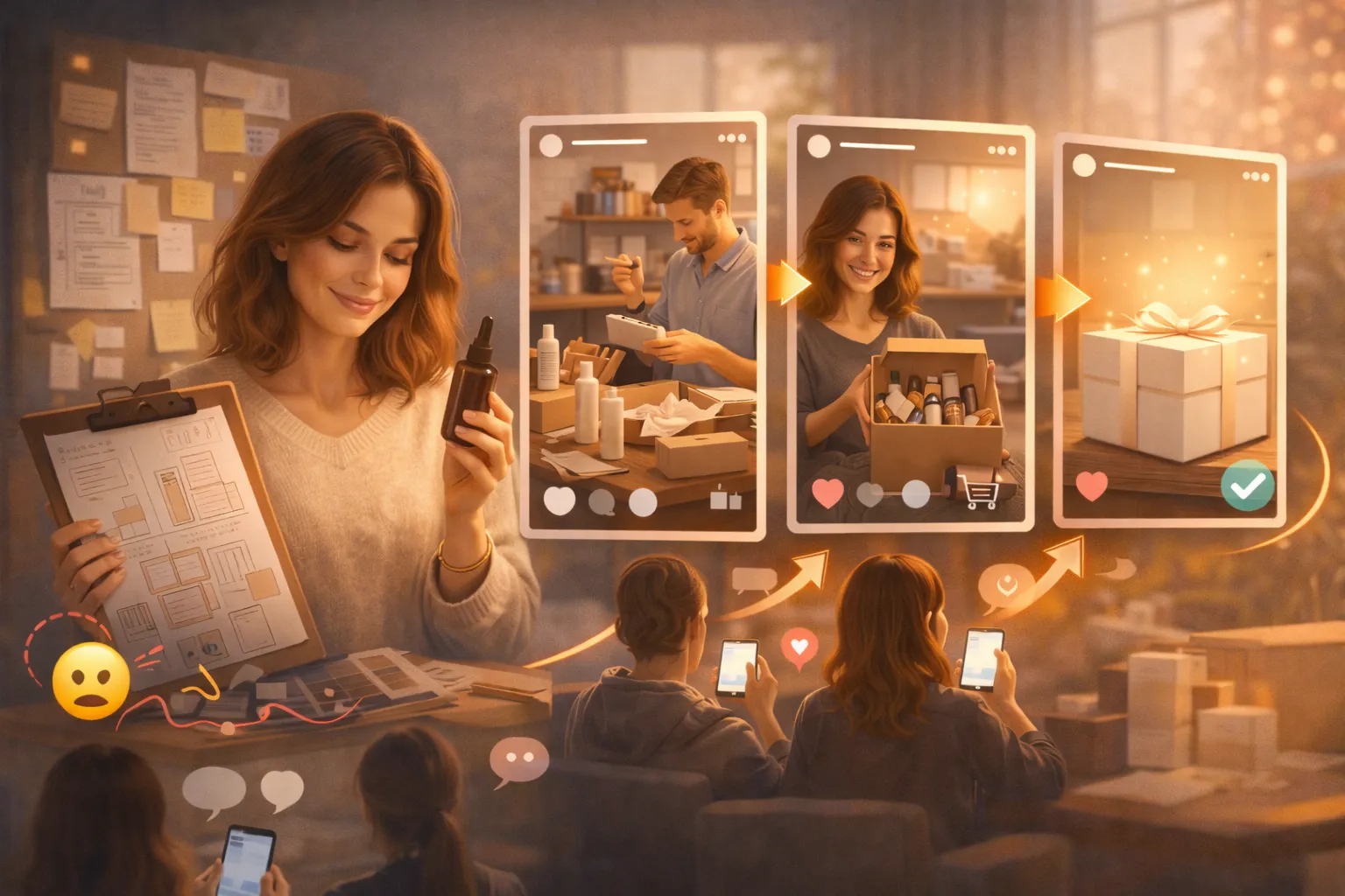 Behind the scenes launch storytelling illustration showing a founder building trust and anticipation before a product release