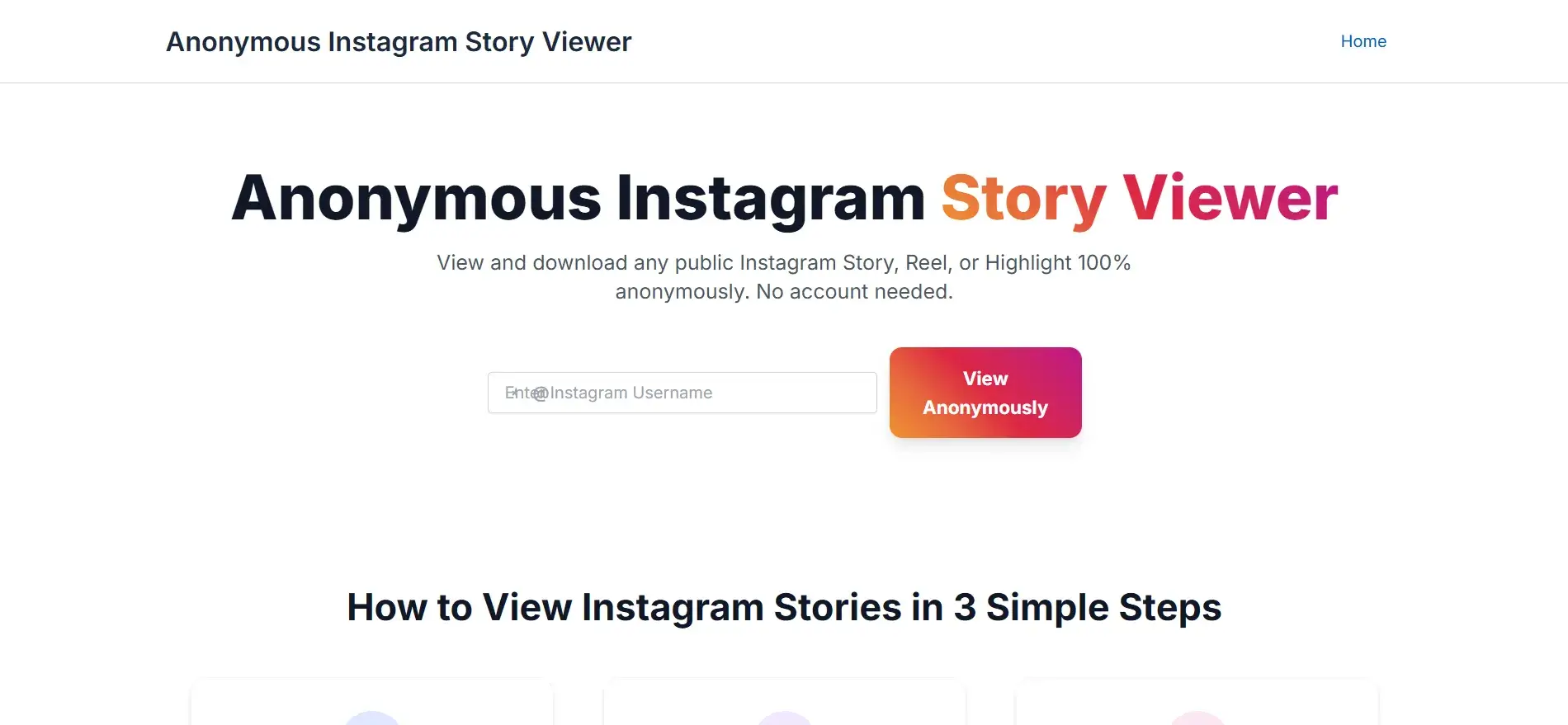 Interface du Visionneur Anonyme de Stories Instagram ByViewer, montrant le champ de saisie du nom d'utilisateur et le bouton "Voir Anonymement"