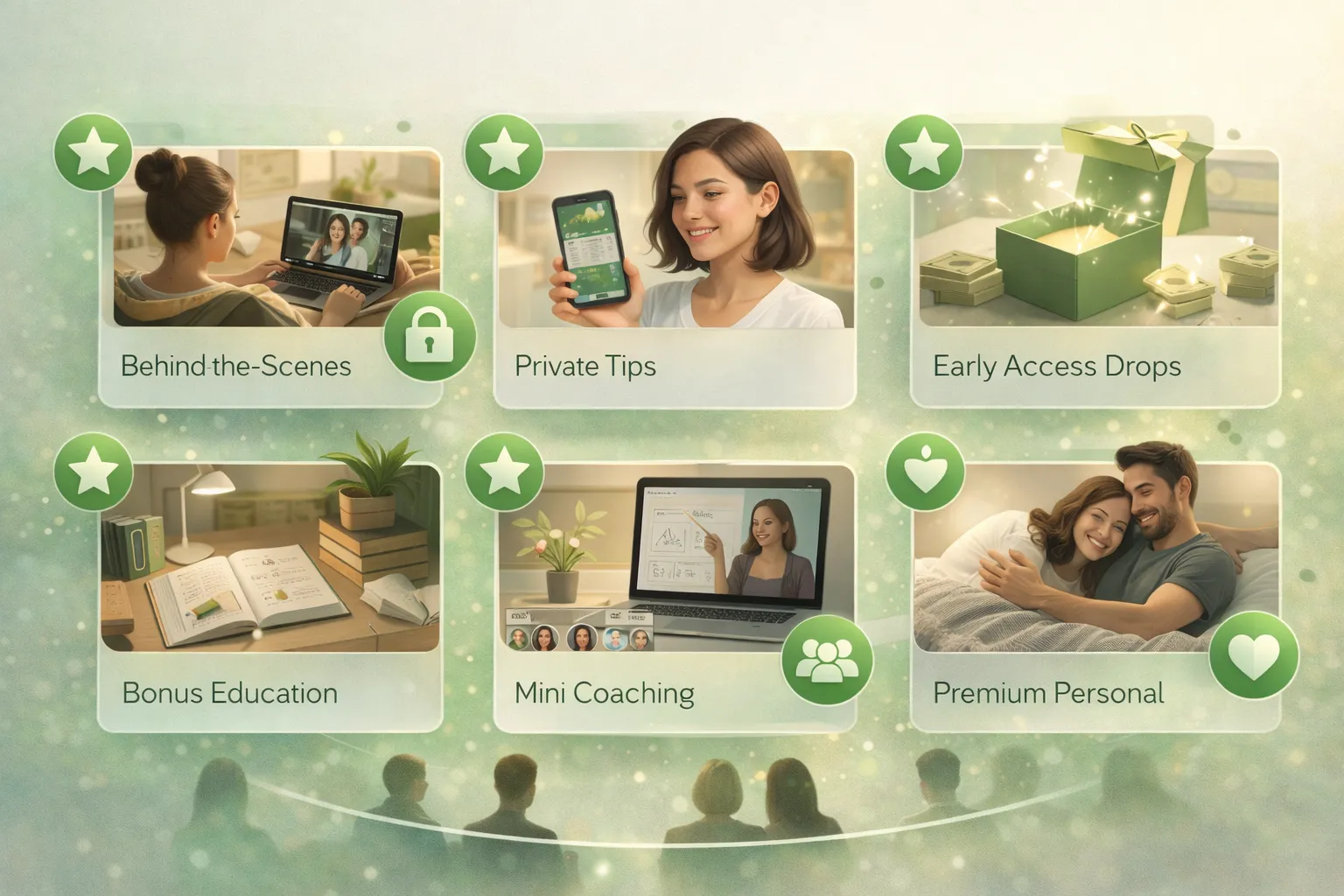 Ilustración de ideas de contenido exclusivo en Instagram como detrás de cámaras, consejos privados, acceso anticipado, bonus educativos y mini coaching