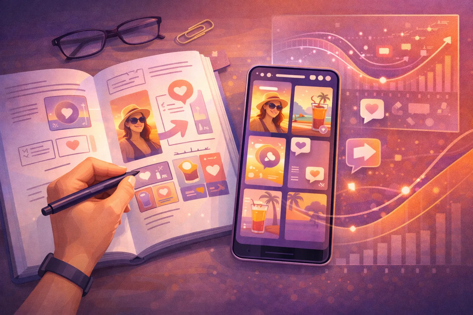 Ilustración sobre cómo mejorar el alcance de las Stories de Instagram, mostrando a un creador planificando mejores ganchos iniciales y un ritmo más sólido