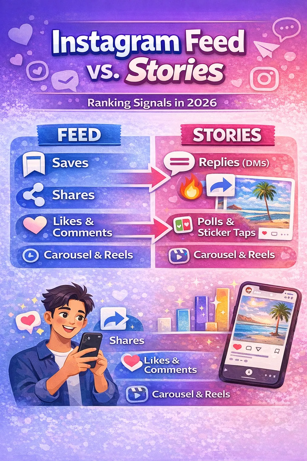 Instagram feed ranking signals infographic showing saves shares likes comments carousel and reels engagement