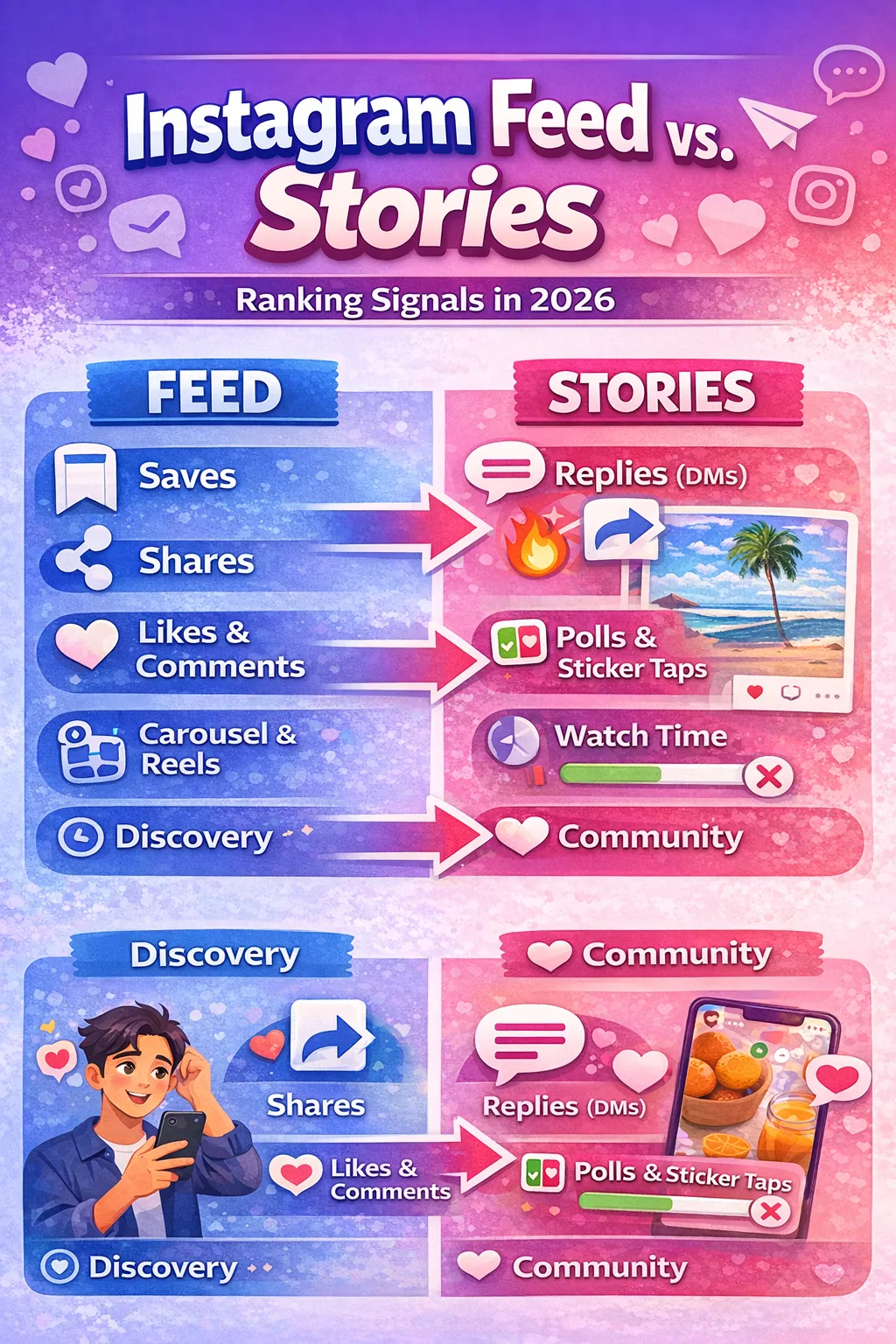 Instagram Feed vs Stories ranking signals comparison infographic for 2026 showing discovery vs community engagement
