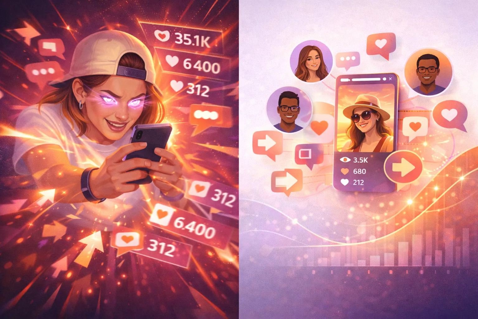 Ilustración Instagram myth vs reality Stories que muestra el contraste entre los mitos del algoritmo y las señales reales de engagement