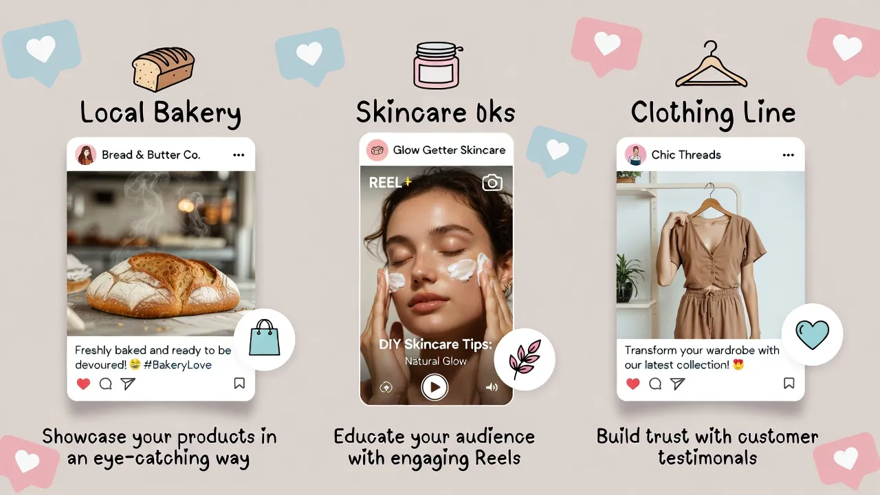 Small Business Instagram Examples: Bakery, Skincare Reel, Clothing Transformation