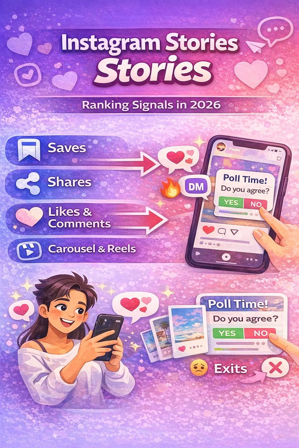 Instagram stories ranking signals infographic showing DMs reactions polls watch time and exits