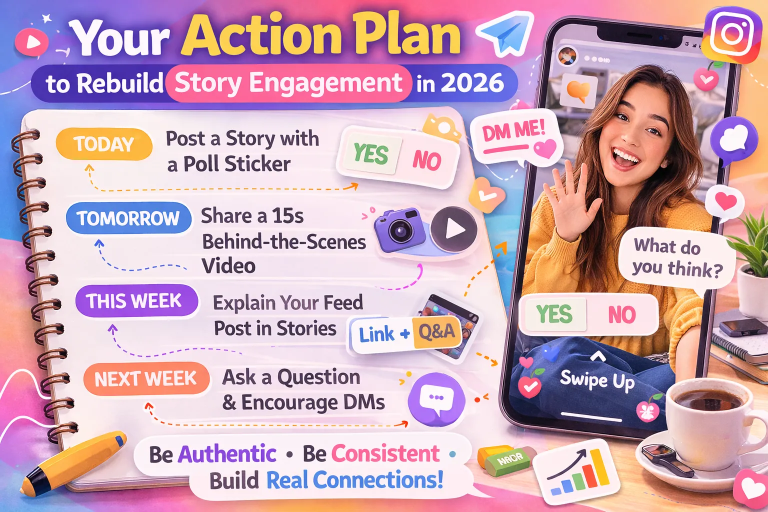 Instagram story engagement action plan infographic showing daily weekly strategy to rebuild story views