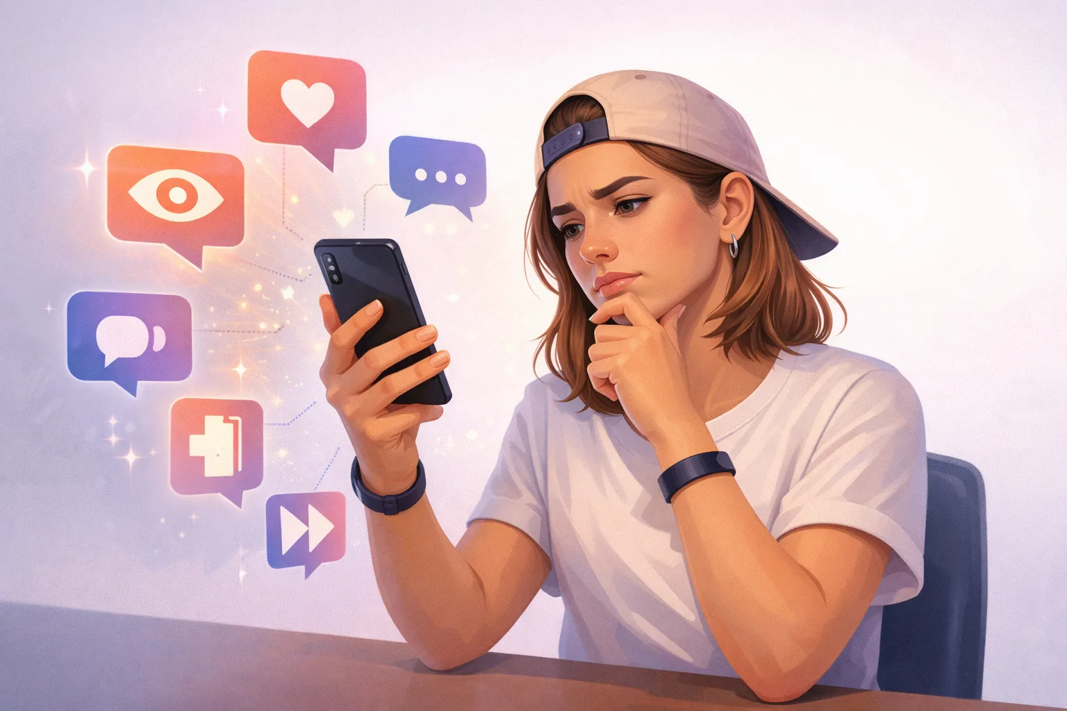 Ilustración del mito del algoritmo de Stories de Instagram que muestra la ansiedad de un creador por las visualizaciones y el ranking