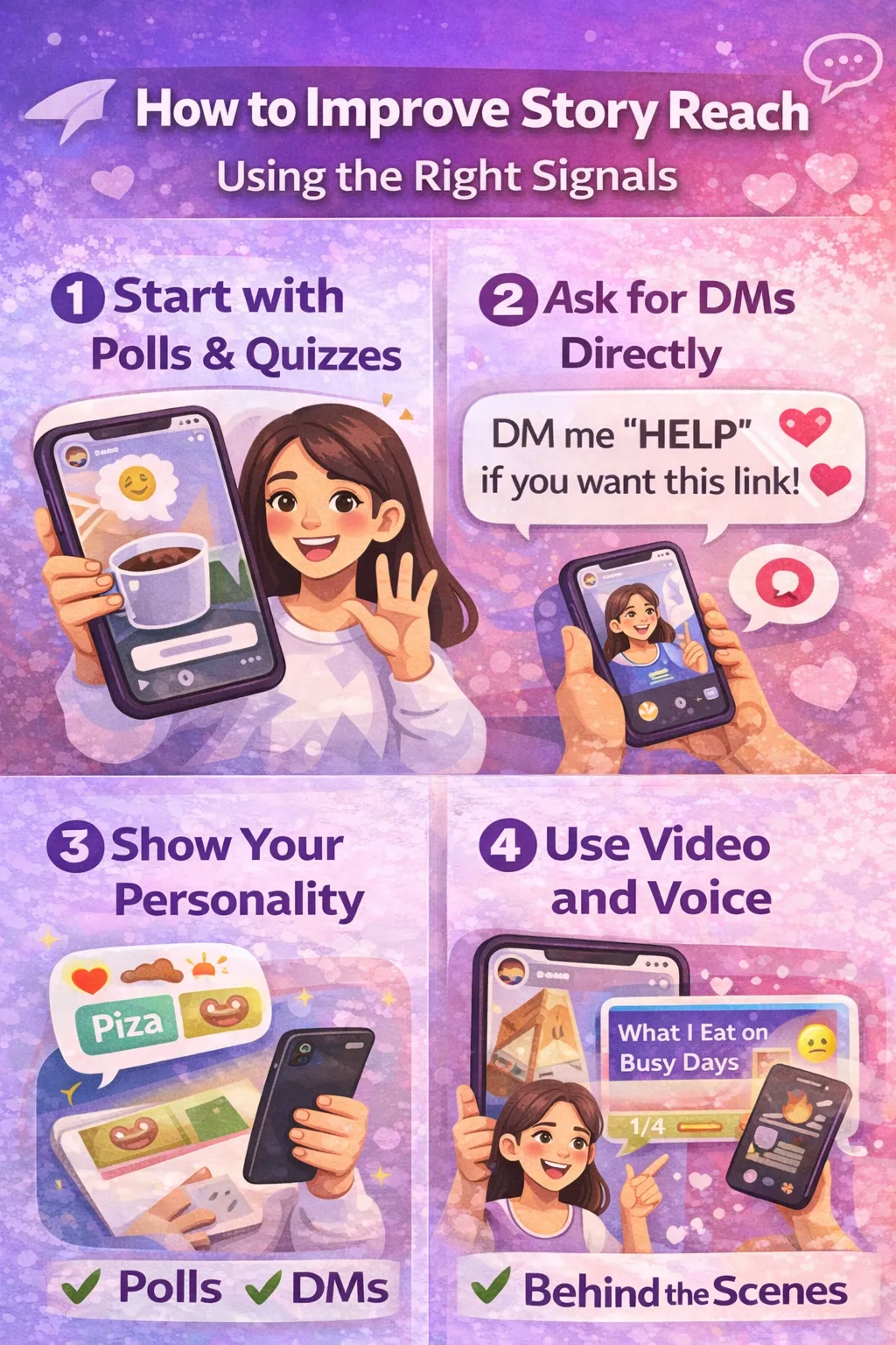 Instagram story engagement tips infographic showing polls quizzes DMs behind the scenes and video storytelling