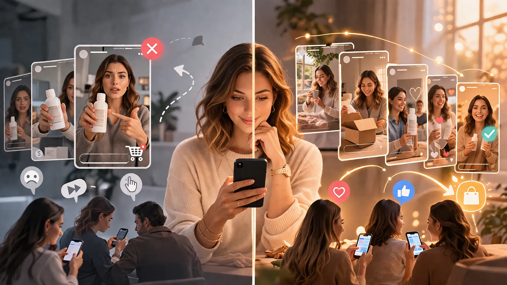 Instagram storytelling versus direct selling illustration comparing narrative-driven Story sequences with abrupt product pitching