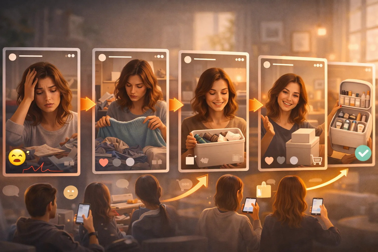 Problem solution Instagram Story case illustration showing a creator moving from frustration to a practical product-based solution