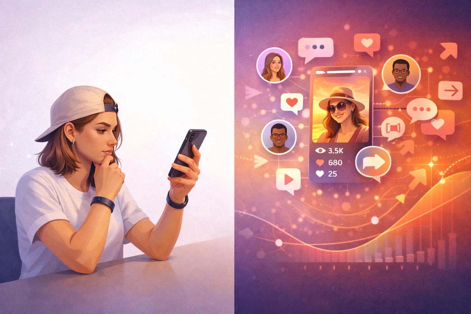 Ilustración que compara volver a ver Stories con señales de ranking, mostrando la diferencia entre auto-visualizaciones y engagement real de la audiencia