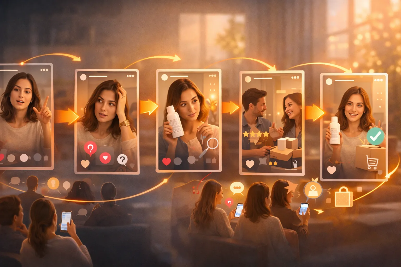 Storytelling sales conversion mechanism illustration showing hook, problem, curiosity, proof, offer, and action across Instagram Stories